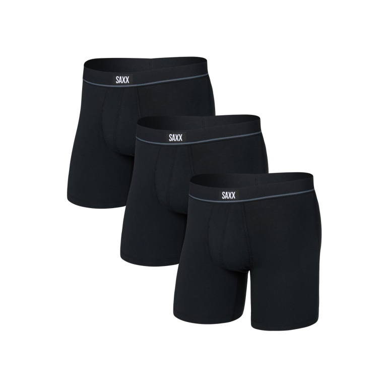 SAXX Boxershorts Essential Cotton Boxer Brief Fly schwarz/schwarz Herren - 3 Stück